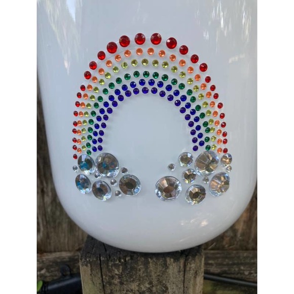 Large White Glass Rhinestone RAINBOW Vase - White Round Bling Planter - Picture 5 of 9